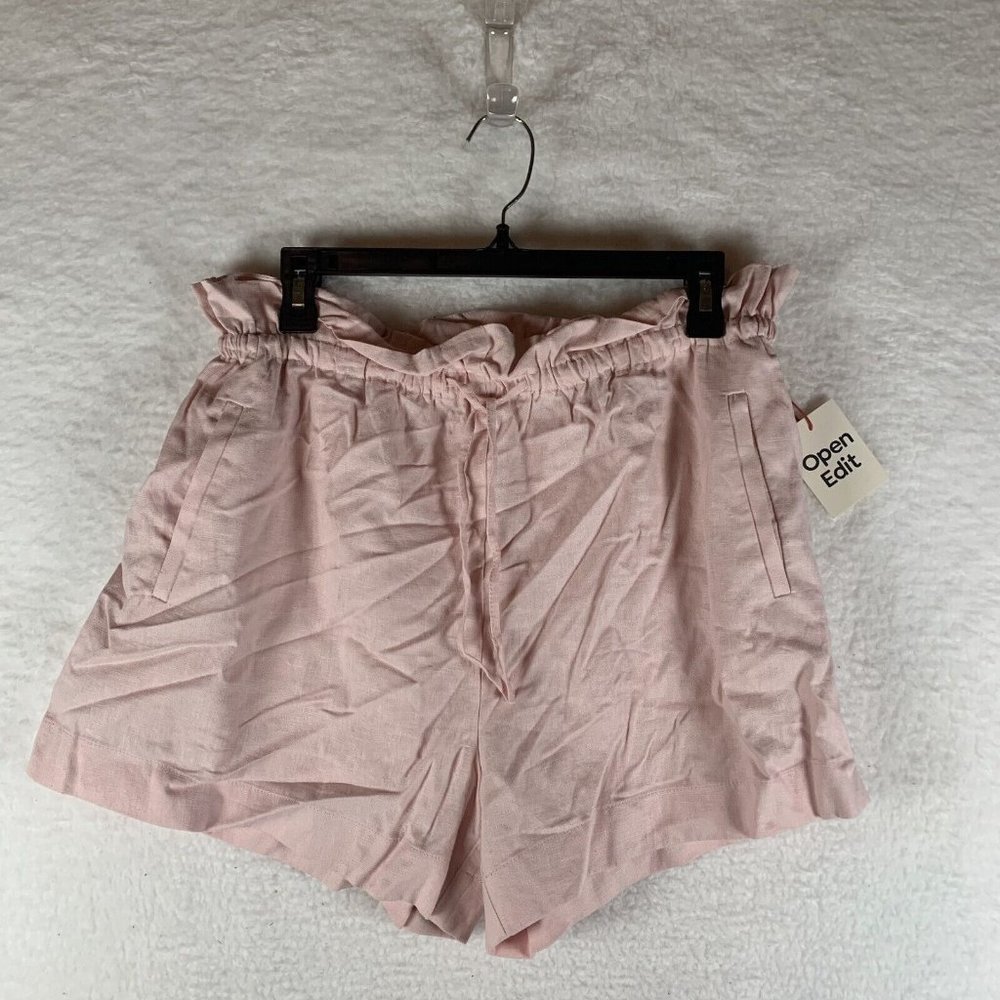 Open Edit Shorts Women Size M Pink PaperBag Waist‎ Drawstring Pockets Linen 6385